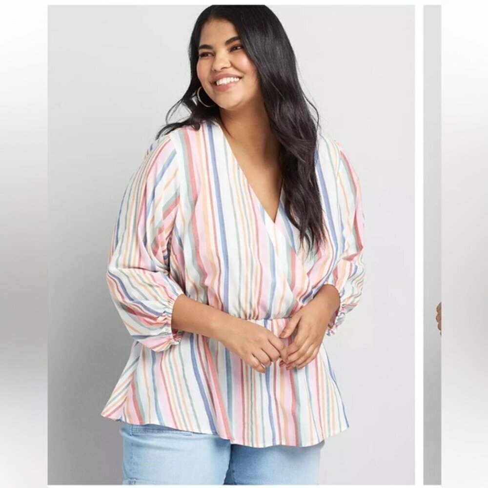 Lane Bryant Striped Multicolor Crossover Peplum coquette Babydoll Top Size 14